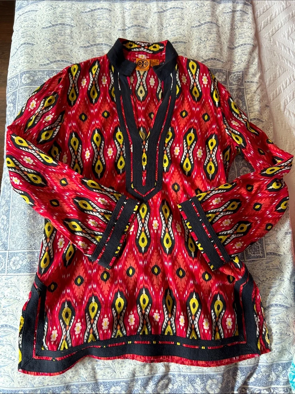 Red Boho Ikat Tunic Top with Navy Trim